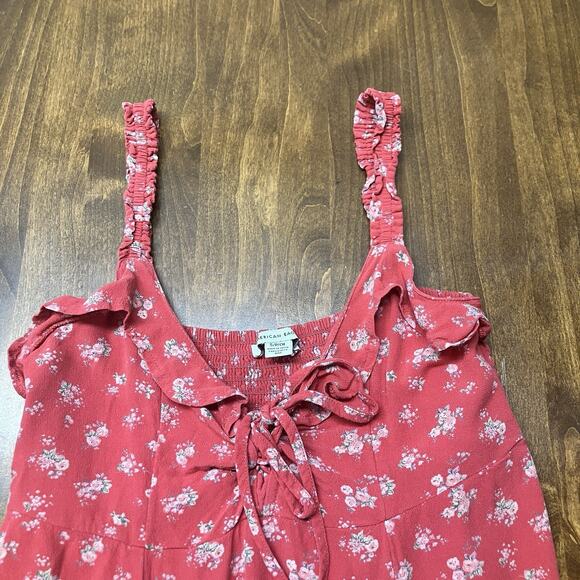 American Eagle Y2K Lace Up Floral Print Ruffle Mini Sun Dress Red Size S Cottage - Picture 3 of 12